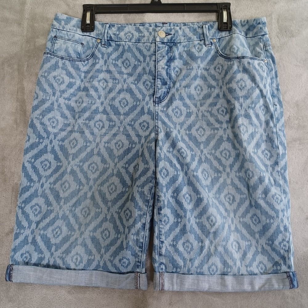 Chicos Sz 18 Jean Shorts Bermuda Slimming Girlfriend Cuff Hem Coastal Ikat Print
